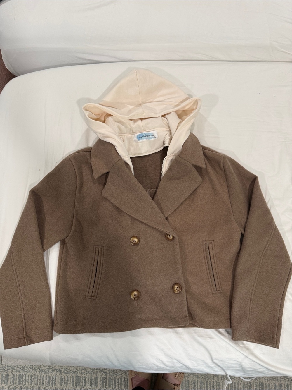 NEW Double-Breasted Brown Peacoat with Cream Hood